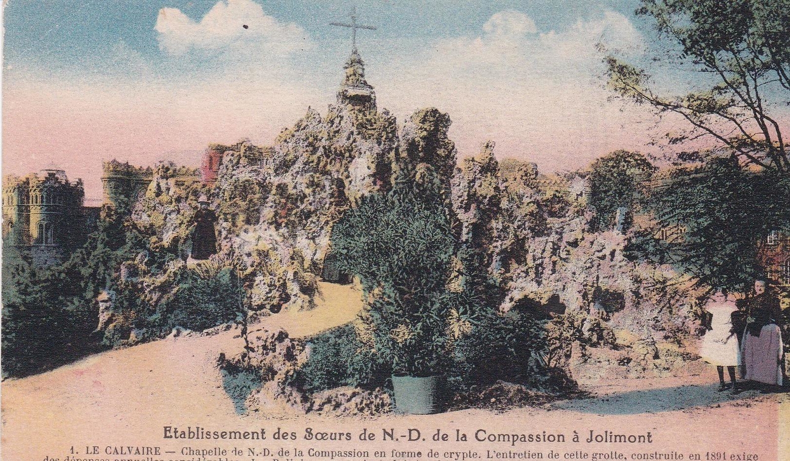 Vue colorisée du Calvaire de Jolimont et de sa chapelle en forme de crypte